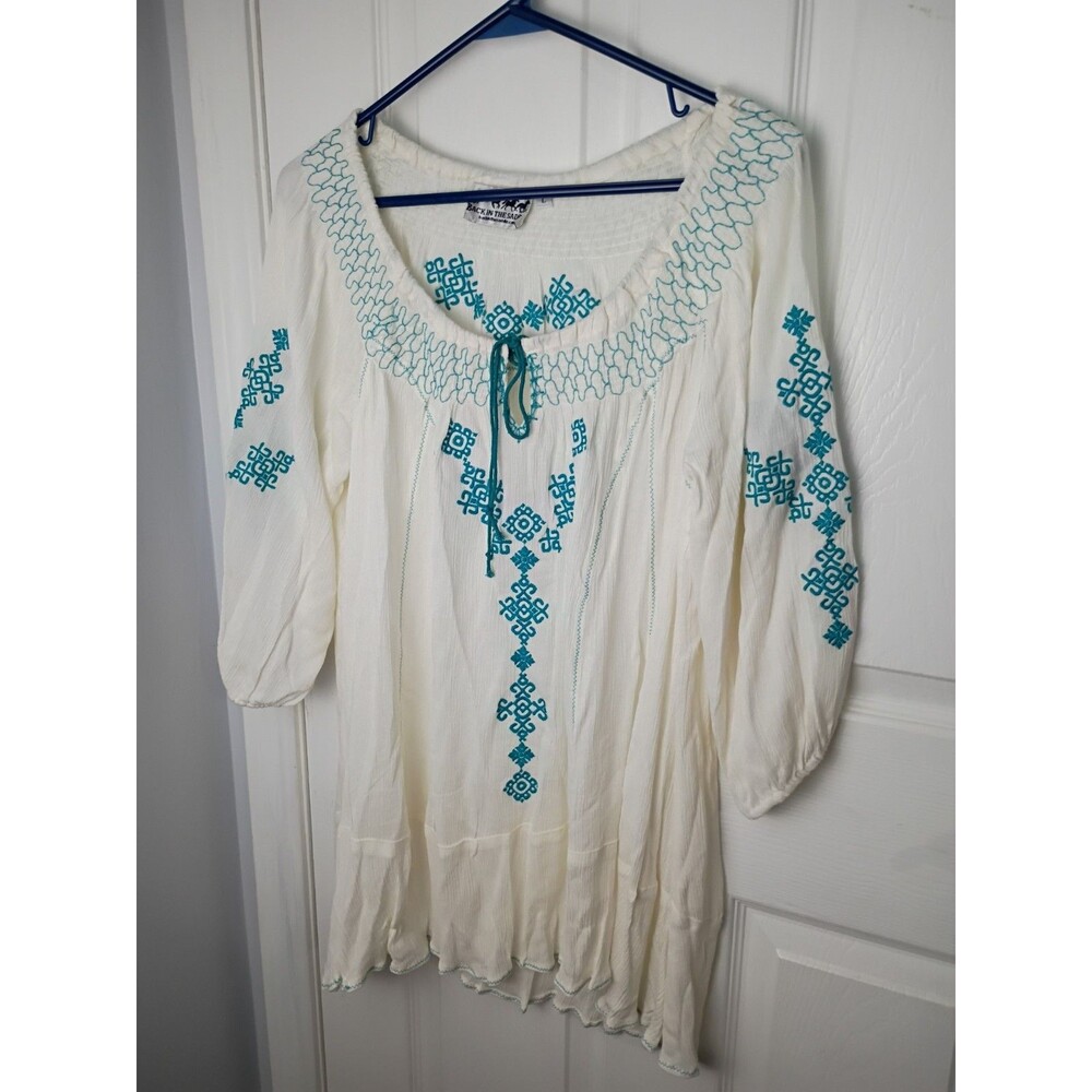 Back In The Saddle V Neck Blouse Woman L Semi Sheer Embroidery Boho Balloon...